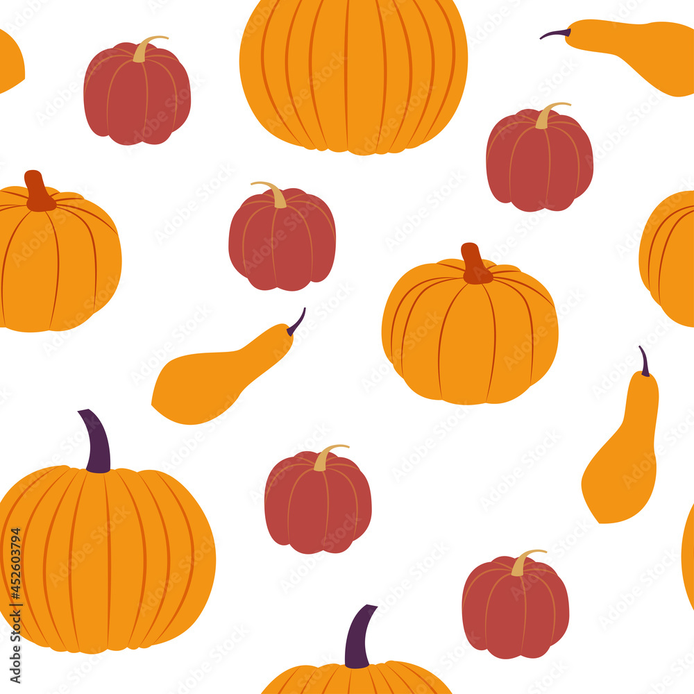 Vector seamless pattern with squash. Flat design. Cute texture with various pumpkins on white backdrop Vector seamless pattern with squash. Flat design. Cute texture with various pumpkins on white backdrop