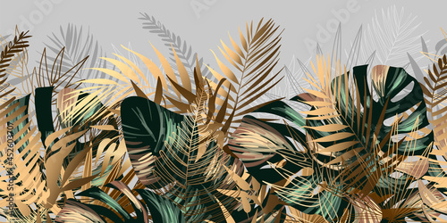 Unusual tropical iridescent seamless background with Monstera leaves and palm branches. Hawaiian motifs. Wallpaper in the fashionable style of Junglow. Vector botanical illustration.