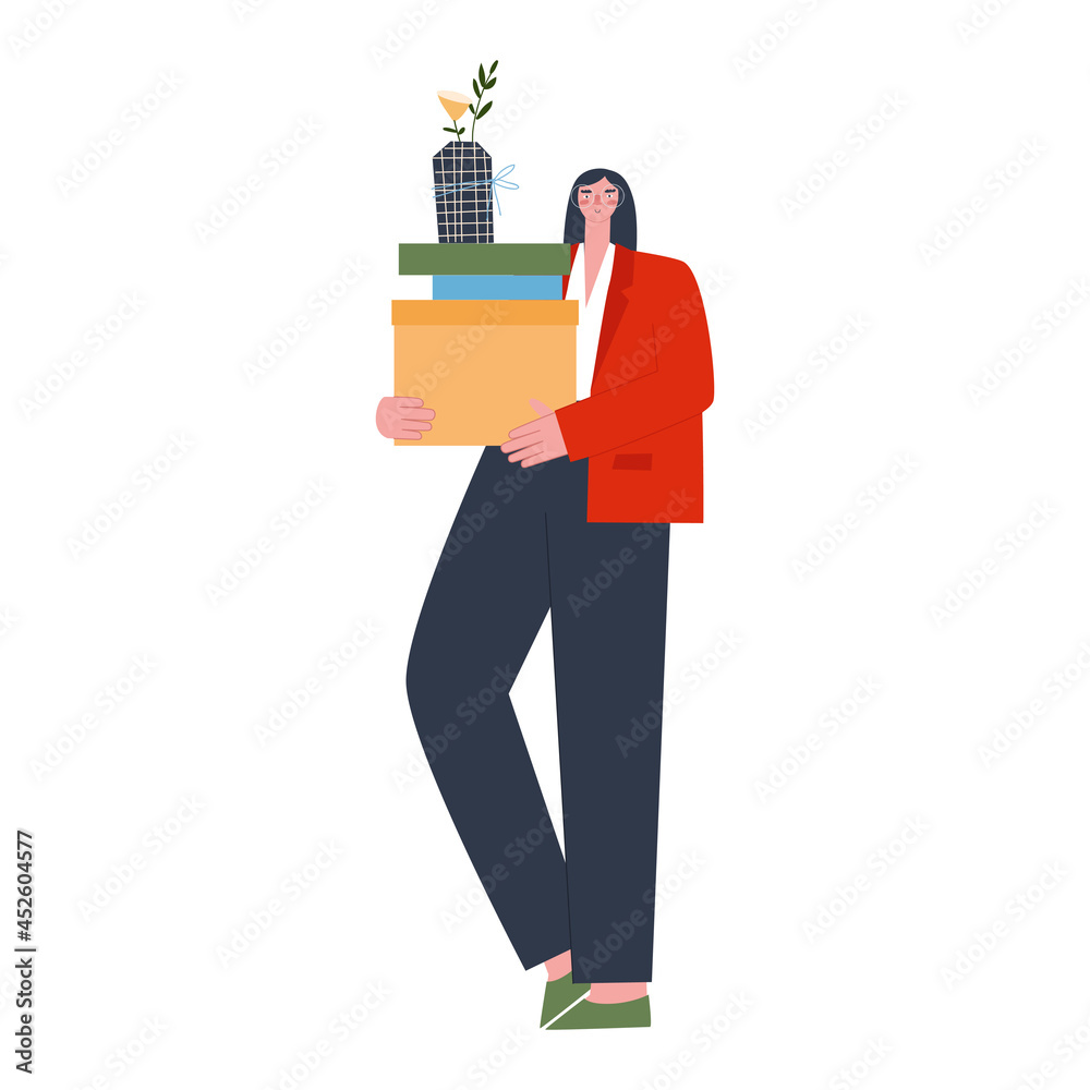 Woman standing with a box and a vase of flowers on a white background. Flat vector illustration of human