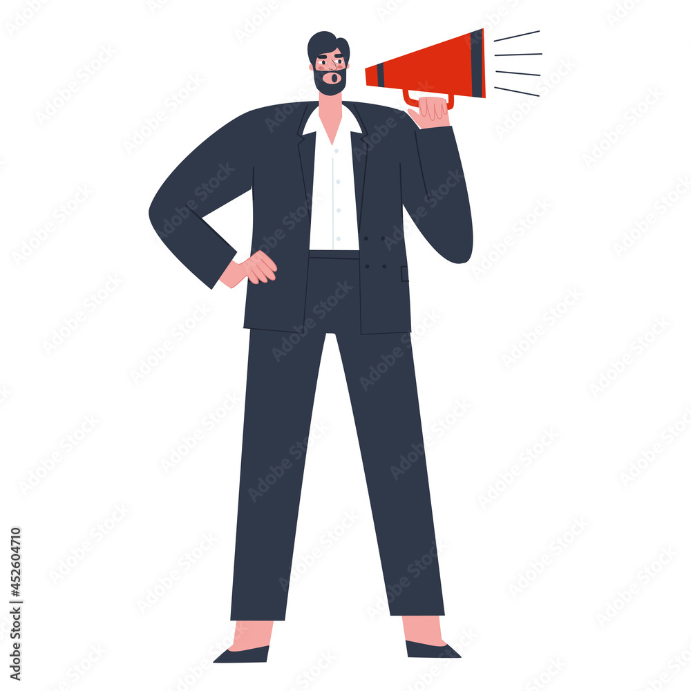 A man in a suit speaks into a mouthpiece. Flat vector illustration of people. A man in a suit speaks into a mouthpiece. Flat vector illustration of people.