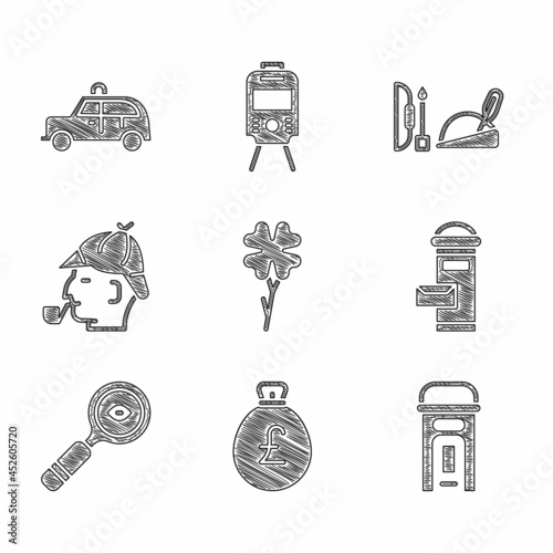 Set Four leaf clover, Money bag with pound, London phone booth, mail box, Magnifying glass, Sherlock Holmes, Robin hood hat and Taxi car icon. Vector