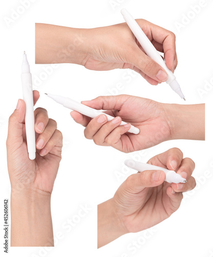 Set of hand holding Correction Pen isolated on white background.