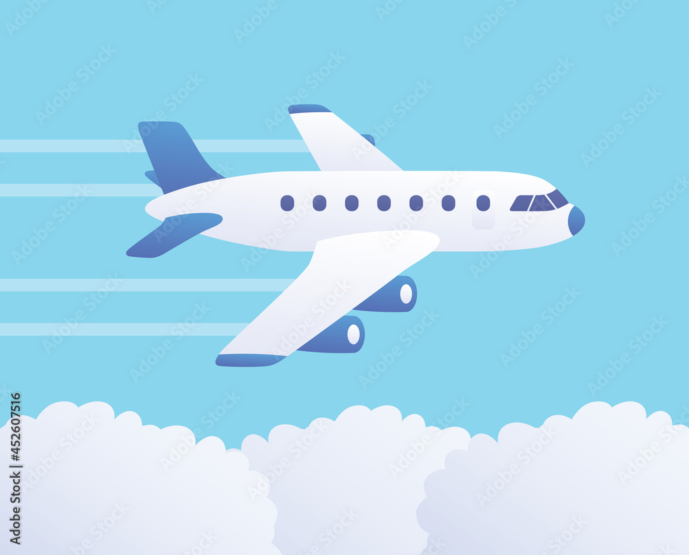 White jet airplane in blue sky flying above clouds vector illustration, passenger airliner travel cartoon icon flat design.