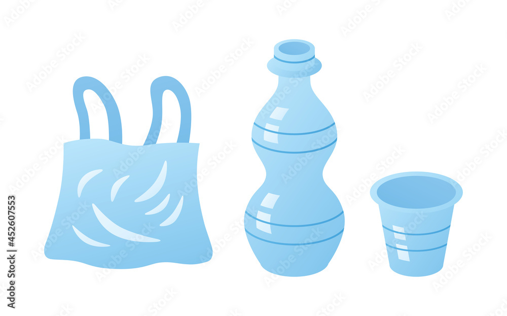 Empty disposable water bottle with cup and plastic bag isolated vector illustration, environment trash garbage pollution, rubbish waste recycling ecology issue.