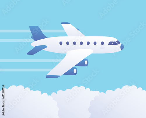 White jet airplane in blue sky flying above clouds vector illustration, passenger airliner travel cartoon icon flat design.