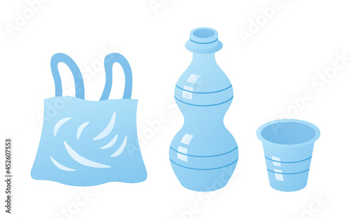 Empty disposable water bottle with cup and plastic bag isolated vector illustration, environment trash garbage pollution, rubbish waste recycling ecology issue.