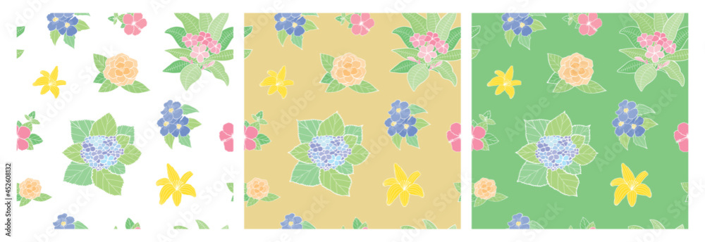 Three seamless floral patterns showing Plumeria, Bignonia, Lily, Hibiscus, Rose, and Hydrangea flowers