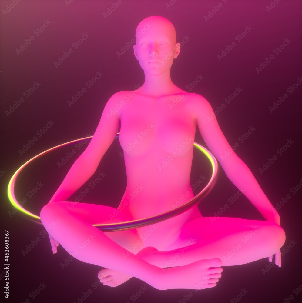 3D illustration of a meditating and levitating female silhouette in the lotus pose. The concept of mindfulness and yoga. 3D illustration of a meditating and levitating female silhouette in the lotus pose. The concept of mindfulness and yoga.