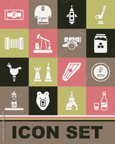 Set Bottle of vodka with glass, Rouble, ruble currency, Jar honey, Rocket ship, Oil pump or pump jack, Accordion, Russian banknote and Cannon icon. Vector