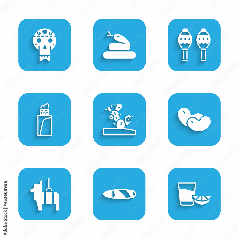 Set Cactus, Cigar, Tequila glass with lemon, Beans, Pinata, Burrito, Maracas and Mexican skull icon. Vector Set Cactus, Cigar, Tequila glass with lemon, Beans, Pinata, Burrito, Maracas and Mexican skull icon. Vector