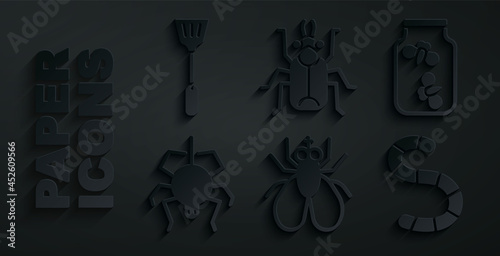Set Insect fly, Fireflies bugs in a jar, Spider, Worm, Beetle and Fly swatter icon. Vector