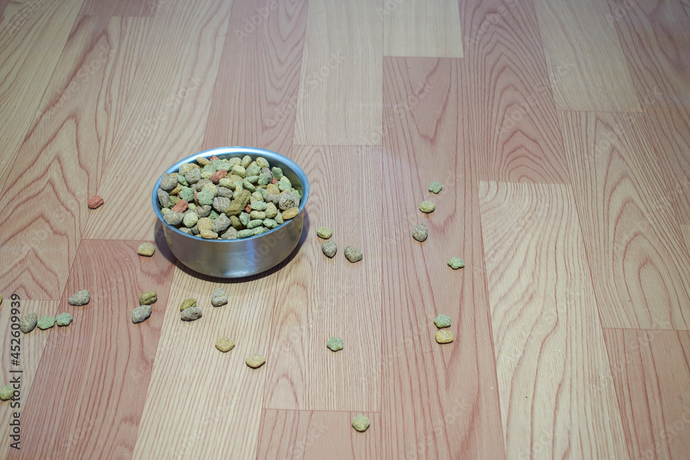 Metal pet bowl placed on a wooden floor. Pet food with vital nutrients for a healthier life.