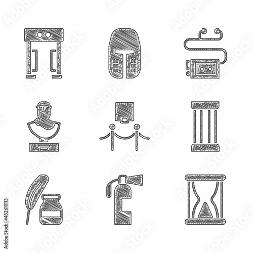 Set Picture and rope barrier, Fire extinguisher, Old hourglass with sand, Ancient column, Feather inkwell, bust sculpture, Museum audio guide and Metal detector icon. Vector