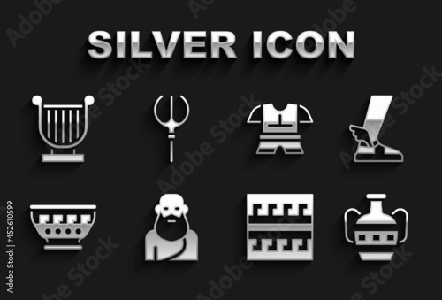 Set Socrates, Hermes sandal, Ancient amphorae, Greek pattern, ancient bowl, Body armor, lyre and Neptune Trident icon. Vector