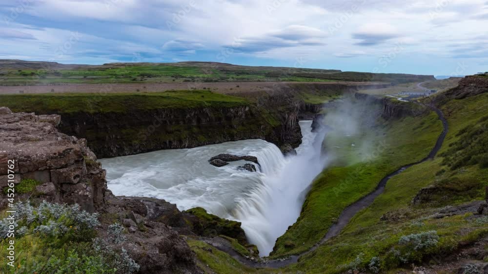 Iceland travel video. Timelapse of Gullfoss waterfall tourist attraction destination. Icelandic waterfalls, famous attraction on the Golden circle. AKA Golden Falls. 8K available