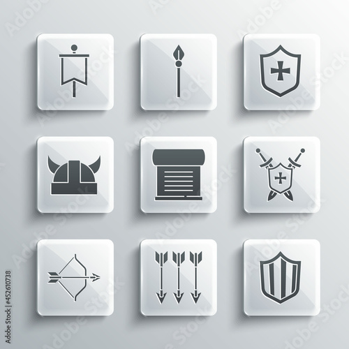 Set Crossed arrows  Shield  Medieval shield with swords  Decree  parchment  scroll  bow and  Viking in horned helmet  flag and icon. Vector