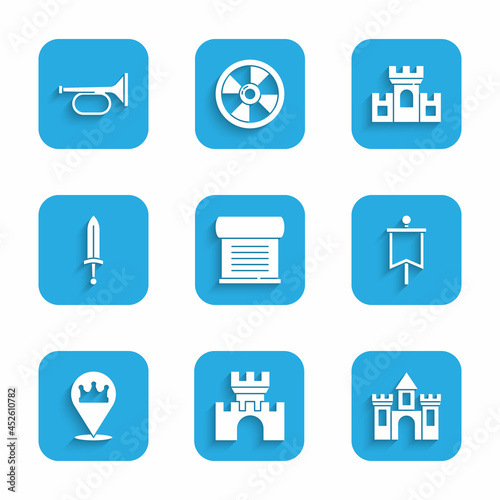 Set Decree, parchment, scroll, Castle, fortress, Medieval flag, Location king crown, sword, and Trumpet icon. Vector