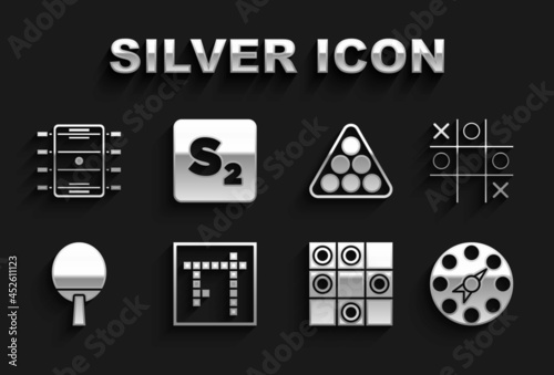 Set Bingo, Tic tac toe game, Twister, Board of checkers, Racket, Billiard balls triangle, Hockey table and icon. Vector