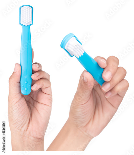 Collection of hand holding toothbrush toy isolated on white background.