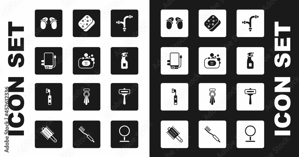 Set Industry metallic pipe, Bar of soap, Electric boiler, Flip flops, Cleaning spray bottle, Sponge, Shaving razor and toothbrush icon. Vector Set Industry metallic pipe, Bar of soap, Electric boiler, Flip flops, Cleaning spray bottle, Sponge, Shaving razor and toothbrush icon. Vector