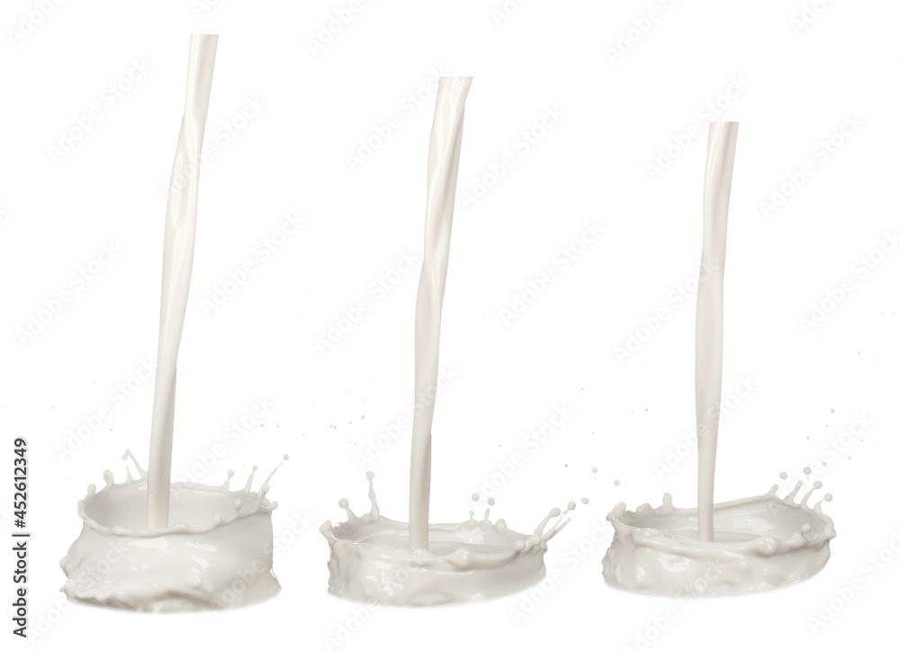 Collection of pouring flow milk splash isolated on white background. Collection of pouring flow milk splash isolated on white background.