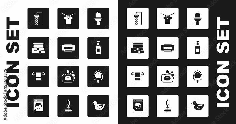 Set Toilet bowl, Blade razor, Towel stack, Shower, Bottle of liquid soap, Drying clothes, urinal pissoir and on hanger icon. Vector Set Toilet bowl, Blade razor, Towel stack, Shower, Bottle of liquid soap, Drying clothes, urinal pissoir and on hanger icon. Vector