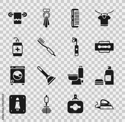 Set Electric iron, Bottle of shampoo, Blade razor, Hairbrush, Toothbrush, Hand sanitizer bottle, Towel hanger and toothbrush icon. Vector