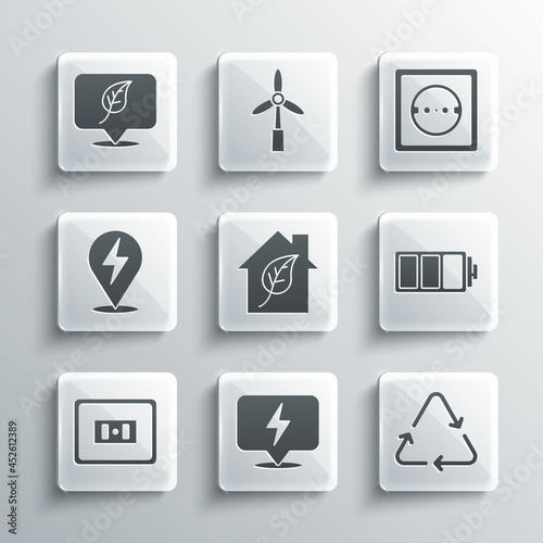 Set Lightning bolt, Recycle symbol, Battery, Eco friendly house, Electrical outlet, Location with leaf and icon. Vector