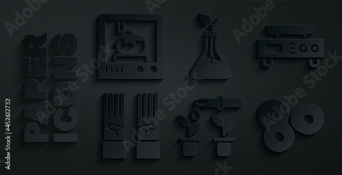 Set Pipette and plant, Electronic scales, Medical rubber gloves, Cell division, Plant breeding and 3D printing technology icon. Vector