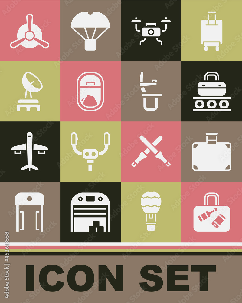 Set Suitcase, Conveyor belt with suitcase, Drone flying, Airplane window, Radar, Plane propeller and seat icon. Vector Set Suitcase, Conveyor belt with suitcase, Drone flying, Airplane window, Radar, Plane propeller and seat icon. Vector