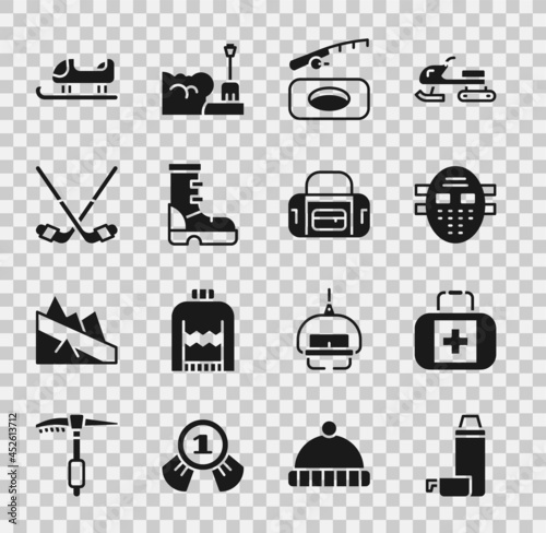 Set Thermos container, First aid kit, Hockey mask, Winter fishing, Waterproof rubber boot, Ice hockey sticks, Sled and Sport bag icon. Vector