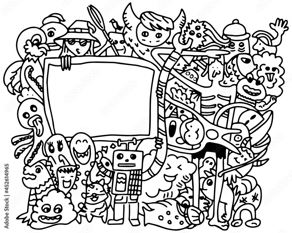 monster group with copy space frame .Hand doddle of monster for Halloween card. Vector illustrative of Halloween poster in hand drawing style. monster group with copy space frame .Hand doddle of monster for Halloween card. Vector illustrative of Halloween poster in hand drawing style.
