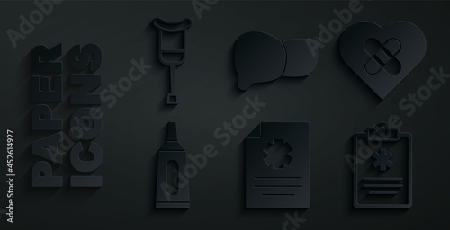 Set Clinical record, Healed broken heart, Ointment cream tube medicine, Human organ liver and Crutch crutches icon. Vector