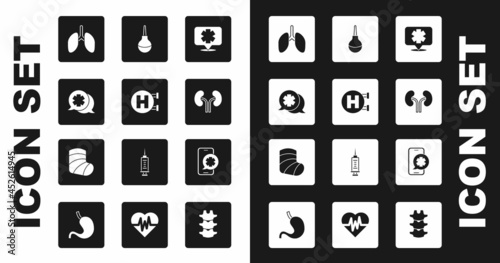 Set Medical symbol of the Emergency, Hospital signboard, Dialogue with doctor, Lungs, Human kidneys, Enema, phone call and Gypsum icon. Vector