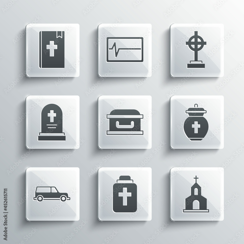 Set Funeral urn, Church building, Coffin with cross, Hearse car, Grave tombstone, Holy bible book and icon. Vector Set Funeral urn, Church building, Coffin with cross, Hearse car, Grave tombstone, Holy bible book and icon. Vector