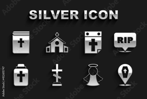 Set Grave with cross, Speech bubble rip death, Coffin, Angel, Funeral urn, Calendar, Holy bible book and Church building icon. Vector