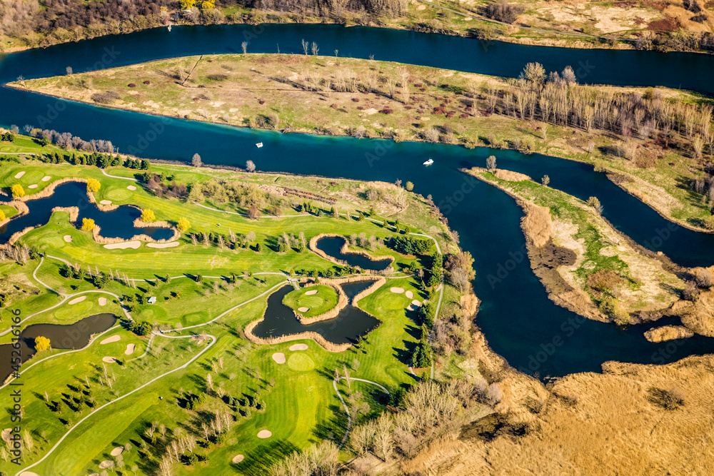 Aerial view of nice Quebec golf course  in springtime, Quebec, Canada