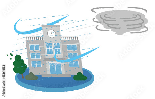 台風の被害に遭う学校のベクターイラスト