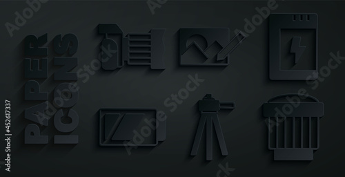 Set Tripod, Battery for camera, Camera photo lens, Photo retouching and icon. Vector