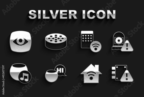 Set Voice assistant, Ringing alarm bell, House under protection, Smart home with wi-fi, Air humidifier, Security camera and Water sensor icon. Vector