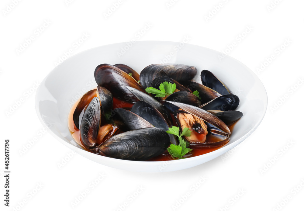 Plate with tasty Mussels Marinara on white background