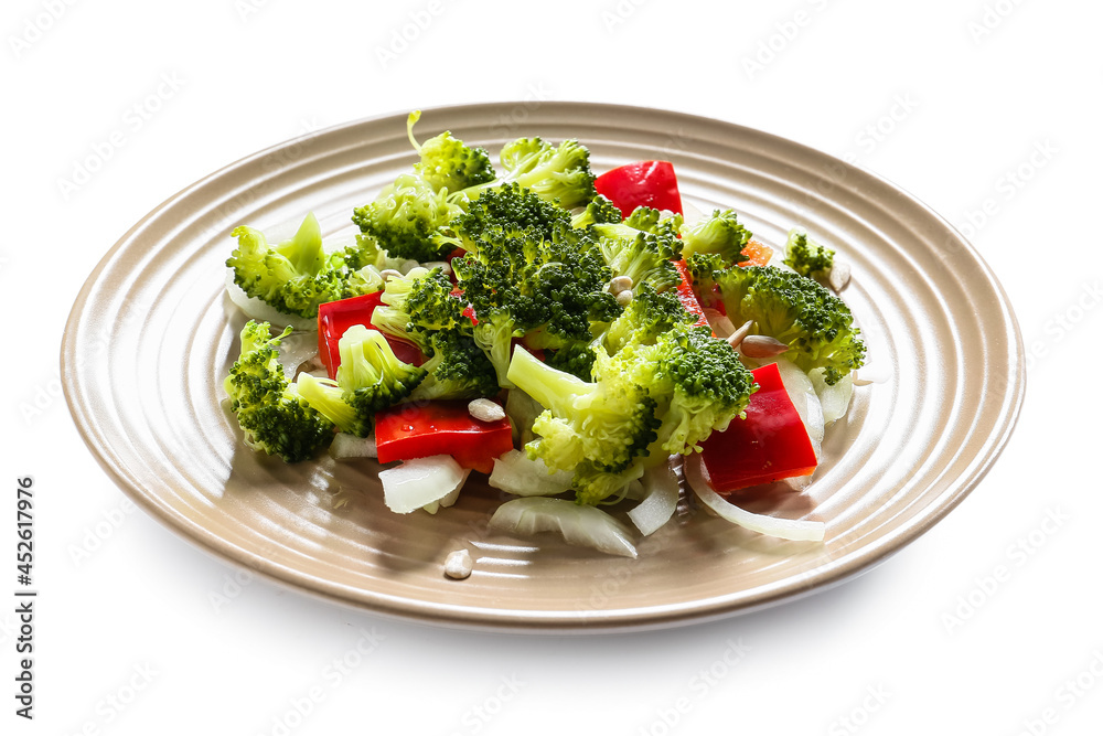 Plate of tasty salad with broccoli on white background Plate of tasty salad with broccoli on white background