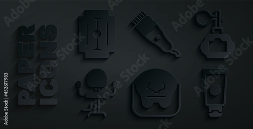 Set Mustache and beard, Aftershave, Barbershop chair, Cream cosmetic tube, Electrical clipper and Blade razor icon. Vector