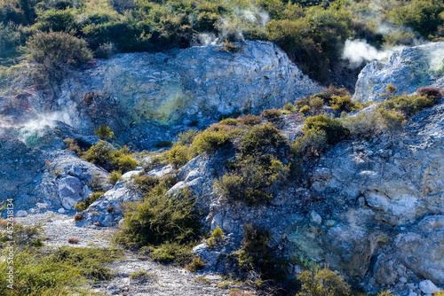 Geothermal Landscape with hot boiling mud and sulphur springs due to volcanic activity in Wai-O-Tapu  Thermal Wonderland New Zealand