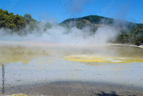 Geothermal Landscape with hot boiling mud and sulphur springs due to volcanic activity in Wai-O-Tapu, Thermal Wonderland New Zealand