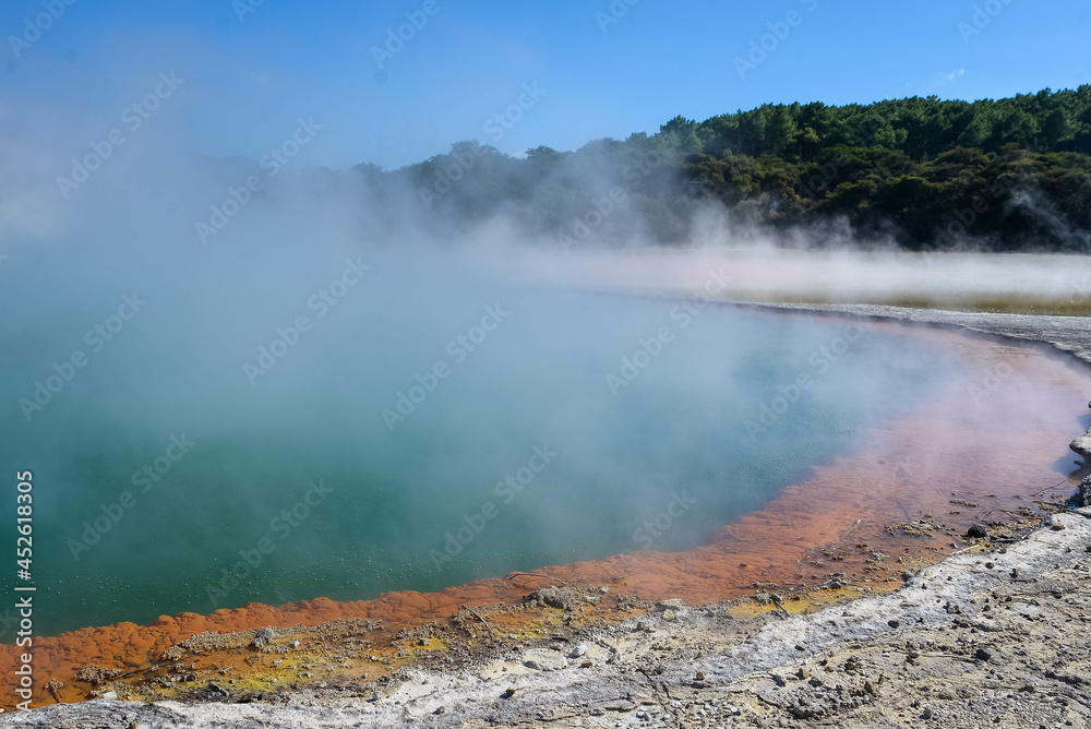 Geothermal Landscape with hot boiling mud and sulphur springs due to volcanic activity in Wai-O-Tapu, Thermal Wonderland New Zealand
