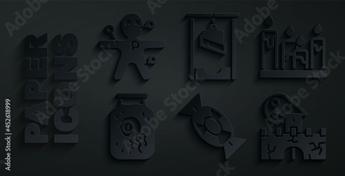 Set Candy, Burning candle, Eye jar, Castle, fortress, Guillotine and Voodoo doll icon. Vector