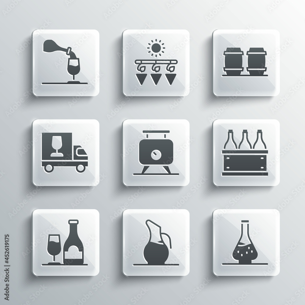 Set Decanter for wine, Bottles of box, Fermentation grapes, Wine bottle with glass, truck, tasting, degustation and Wooden barrel icon. Vector Set Decanter for wine, Bottles of box, Fermentation grapes, Wine bottle with glass, truck, tasting, degustation and Wooden barrel icon. Vector