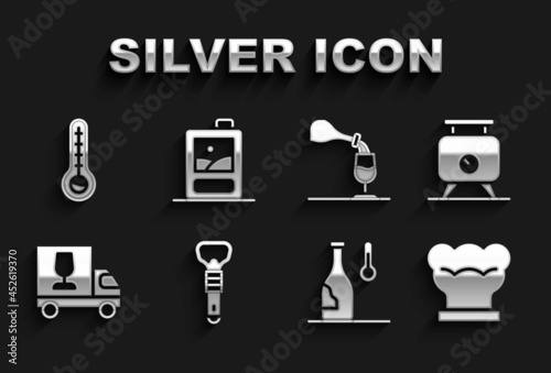 Set Bottle opener, Fermentation of grapes, Chef hat, Wine temperature, truck, tasting, degustation, Meteorology thermometer and Cardboard box wine icon. Vector