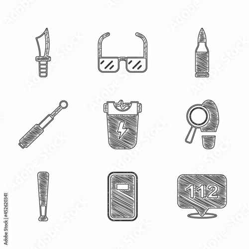 Set Police electric shocker, assault shield, Telephone call 112, Footsteps, Baseball bat, Telescopic baton, Bullet and Military knife icon. Vector